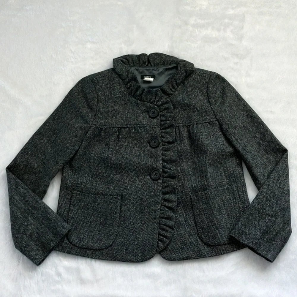 Like New Gray Herringbone J. Crew Fiona Ruffle Wool Blazer Coat, size 0